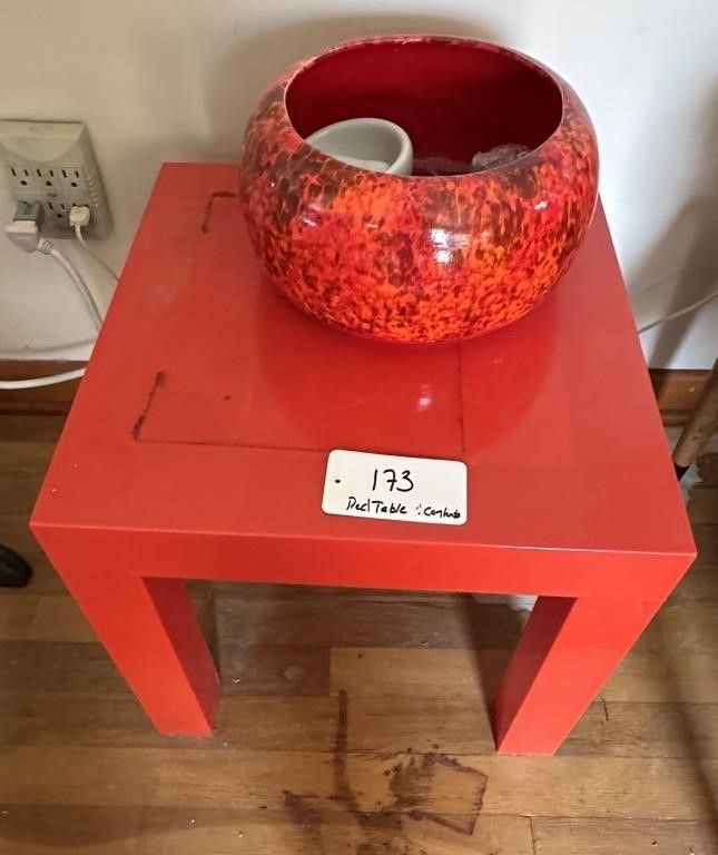 Lot 173: MCM Red Side Table w Contents