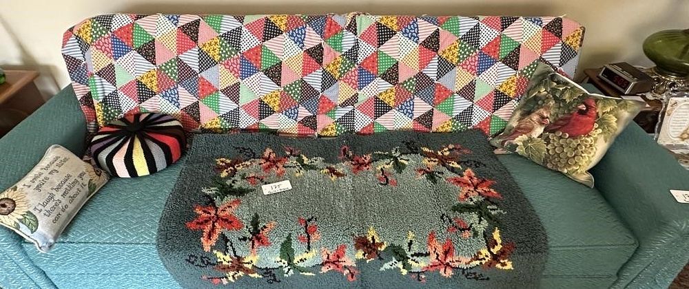 Lot 175: Triangle Patchwork Quilt, Shag Rug and Pillows
