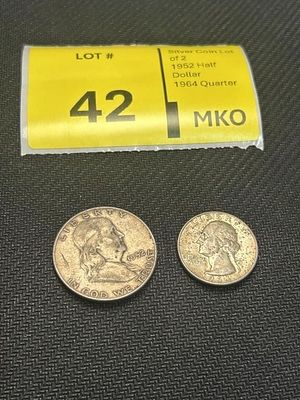 Silver Coin Lot of 2. 1952 Half Dollar1964 Quarter