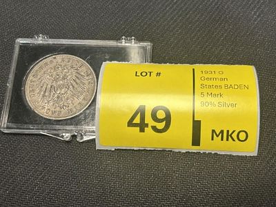 1931 G German States Baden 5 Mark. 90% Silver