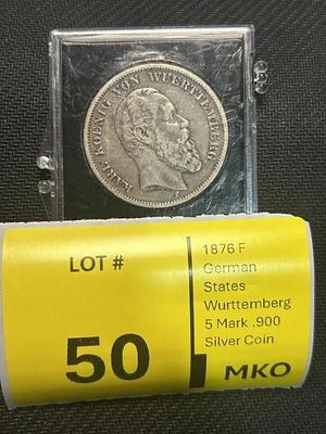 1876 F German States Wurttemberg 5 Mark. 90% Silver