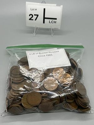 2 Lb of Pennies Circa 1965. Scooped and weighed from 5 gallon bucket