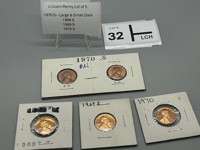 Lincoln Penny Lot of 5. 1970 S - Small & Large Date - Appears to be BU1960 S1969 S1970 S