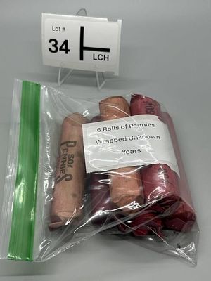 6 Rolls of Wrapped Pennies. Unsearched Unknown Dates