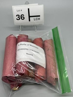 6 Rolls of Wrapped Pennies. Unsearched Unknown Dates