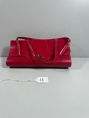 Vintage Red Patent Baguette Handbag, 3.5" Tall. This structured red handbag features a glossy 