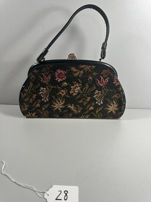 A Vintage 1960s Floral Tapestry and Leather Framed. A vintage-style structured handbag, likely 
