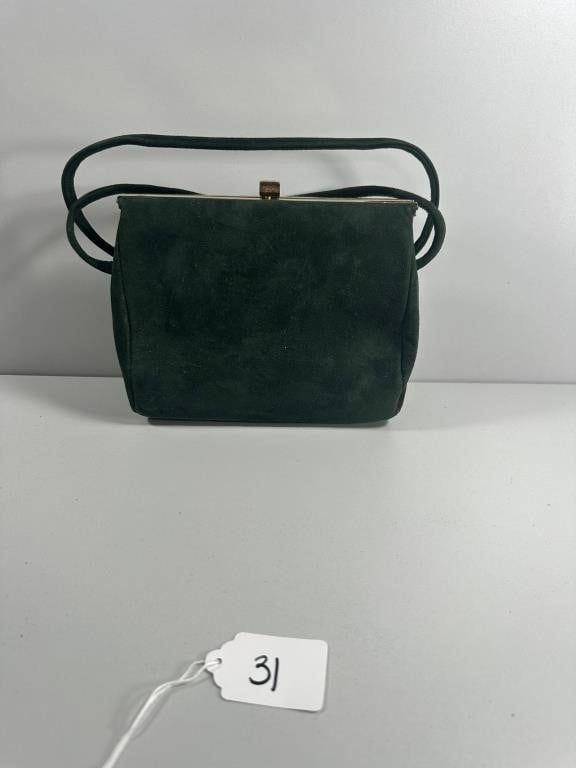 Elite PURSES NEW YORK Dark Green Suede Handbag, 7. An Elite PURSES NEW YORK dark green suede 