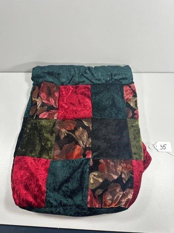 A 16" Tall Patchwork Velvet Backpack, Made in Chin. A soft-sided fabric backpack constructed 