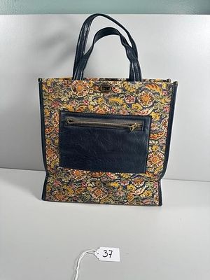 A Tapestry and Faux Leather Floral Tote Bag, 20th. A structured tote bag featuring a woven 
