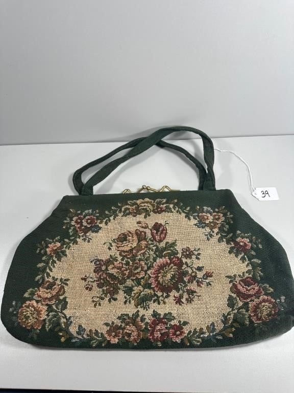 Vintage Floral Tapestry Needlepoint Handbag. A vintage ladies' handbag or purse, constructed 