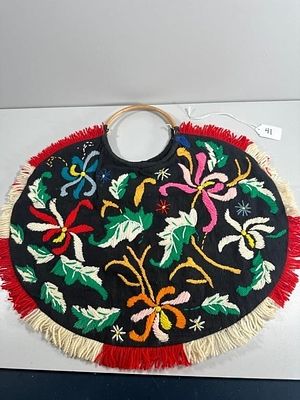 Vintage Wool Crewel Embroidered Fringe Bag. A Vintage Wool Crewel Embroidered Fringe Bag. This 