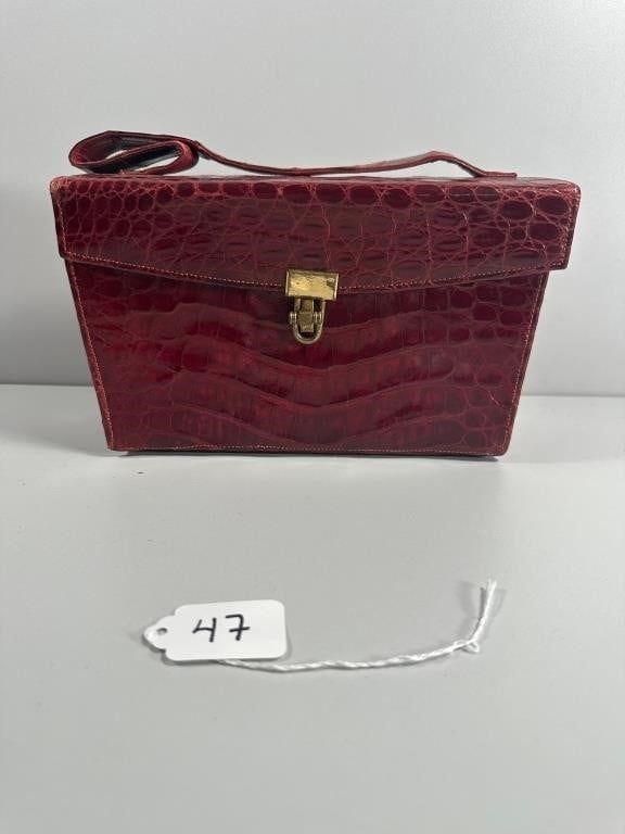 Vintage Dark Red Crocodile Box Purse with Handle. A vintage dark red crocodile box purse 