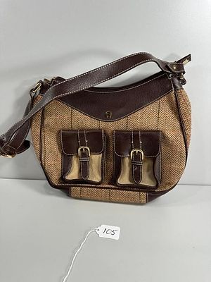 Etienne Aigner Brown Herringbone Fabric and Leathe. An Etienne Aigner Brown Herringbone Fabric 