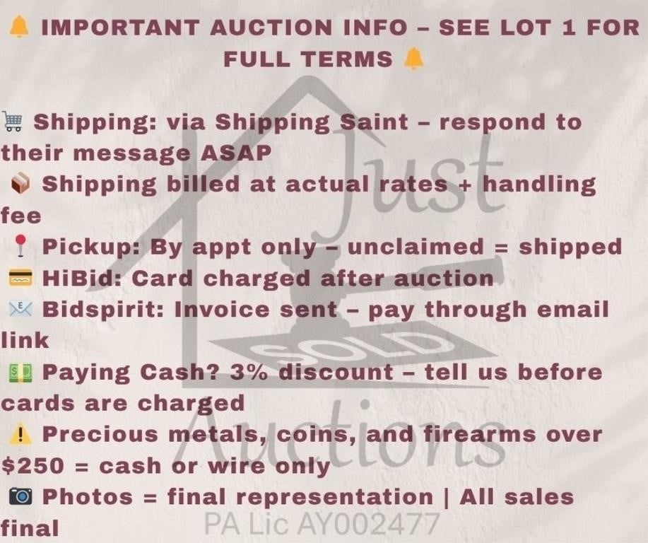 PLEASE READ-Important Auction Policies. Welcome to Just Sold Auctions! Please review the 
