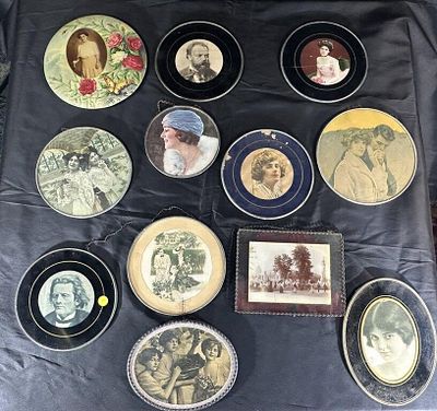 Lot of 12 Flue Covers. Mostly Photographic Style. Mixed base materials with original chains on 