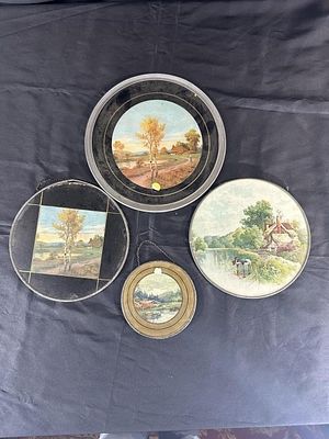 4 Landscape Painted Flue Covers, some with. original chains, damage as shown consistent with age