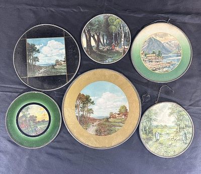 6 Landscape Pained Flue Covers, Original chains,. wear as shown