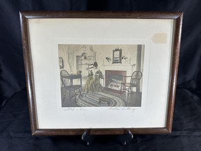 Wallace Nutting (1861-1941) "A Stitch in Time". Hand Colored Print under Glass. Matted and 