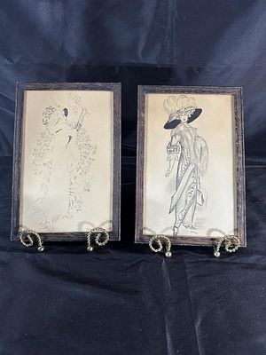 Victorian Framed Fashion Sketches, signed (OAW?. DAW?) 1911; Framed under glass 7" x 10.5"