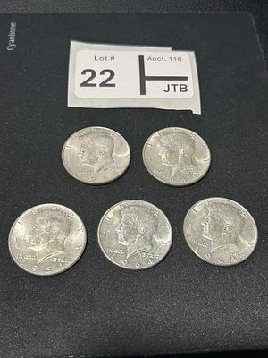 1964 Kennedy Half Dollar Lot of 5. 90 % Silver
