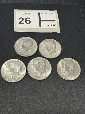 1965 Kennedy Half Dollar Lot of 5. 40 % Silver