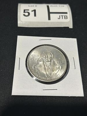 1978 Mexican 100 Pesos 72% Silver AU Coin