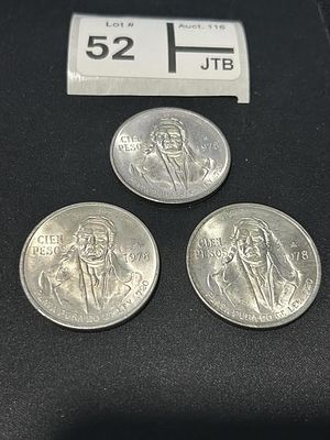 1978 Mexican 100 Pesos 72% Silver Coin Lot of 3. 72% Silver