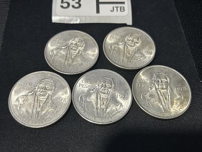 1978 Mexican 100 Pesos 72% Silver Coin Lot of 5