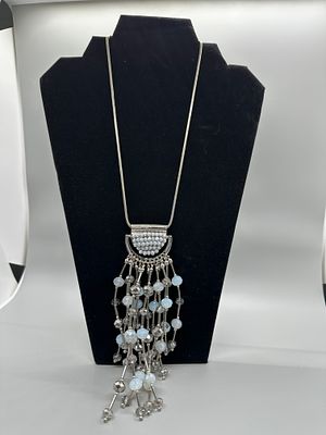 Silver Toned Beaded Fringe Long Necklace. A silver-toned long necklace featuring a beaded 