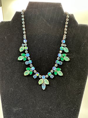 Vintage Blue and Green Rhinestone and Glass Leaf Necklace. A vintage-style costume jewelry 