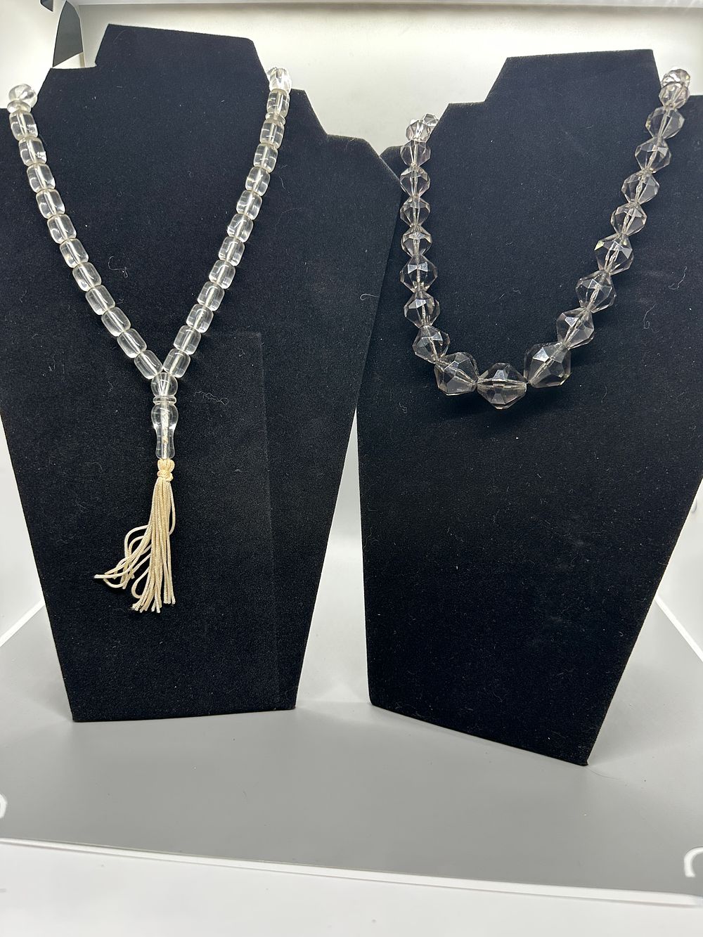 Two Beaded Strands with Smoky Grey and Clear Beads. Two beaded strands featuring one with 