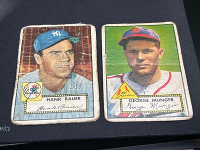 Two 1952 Topps Baseball Cards, Hank Bauer #215 and George Munger #115. A pair of 1952 Topps 