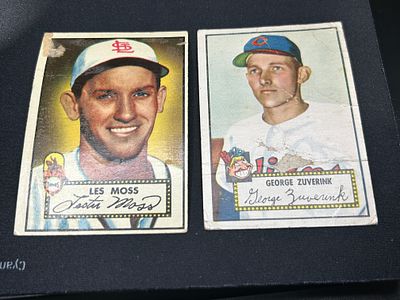 Two 1952 Topps Baseball Cards Including Les Moss #143 and George Zuverink #199 Rookie Card. Two 