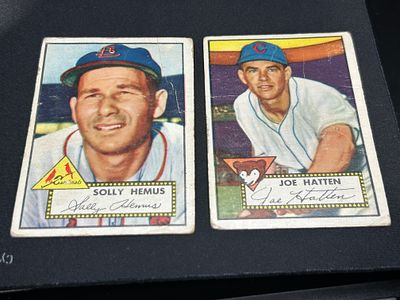A Pair of 1952 Topps Baseball Cards, Solly Hemus No. 196 and Joe Hatten No. 194. Topps baseball 