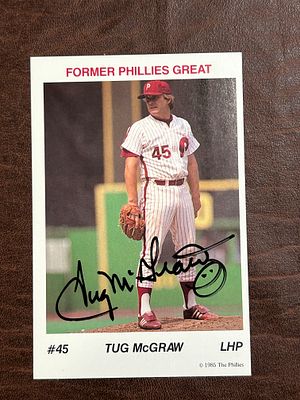1985 Phillies Great Tug McGraw Signed Baseball Card #45. 1985 The Phillies team-issued baseball 