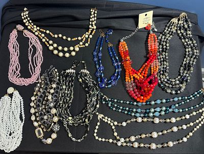 Multi-Strand and Beaded Costume Necklaces. A collection of ten assorted multi-strand costume 