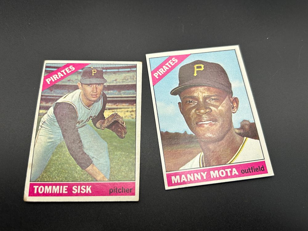 Lot 146: A Pair of 1966 Topps Pittsburgh Pirates Baseball Cards Featuring Manny Mota and Tommie Sisk
