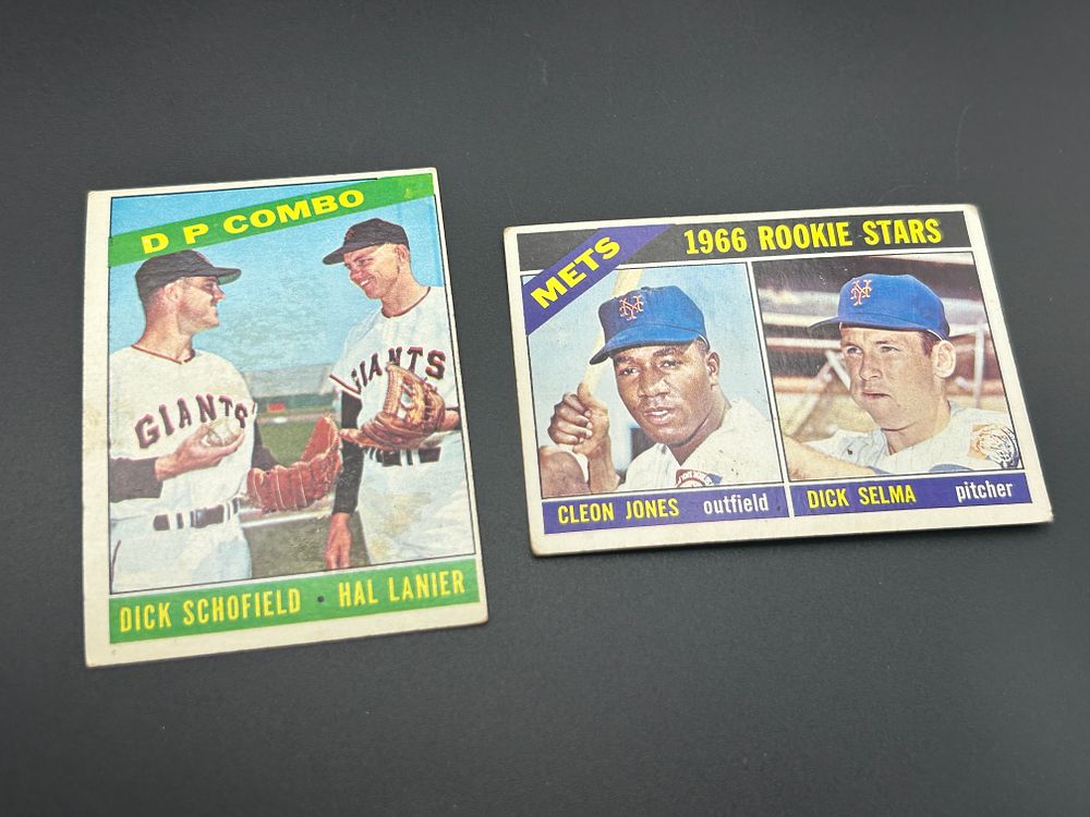 Lot 150: Two 1966 Topps Baseball Cards Including #67 Cleon Jones Rookie and #156 D.P. Combo