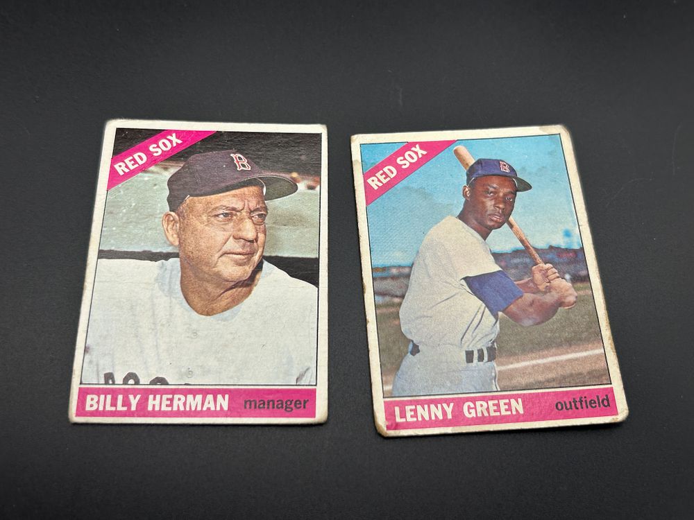Lot 151: A Pair of 1966 Topps Boston Red Sox Baseball Cards Billy Herman and Lenny Green
