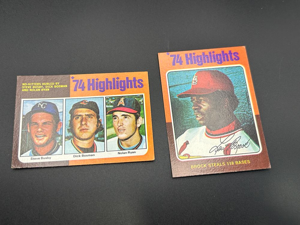Lot 159: A Pair of 1975 Topps 74 Highlights Baseball Cards Featuring Nolan Ryan and Lou Brock