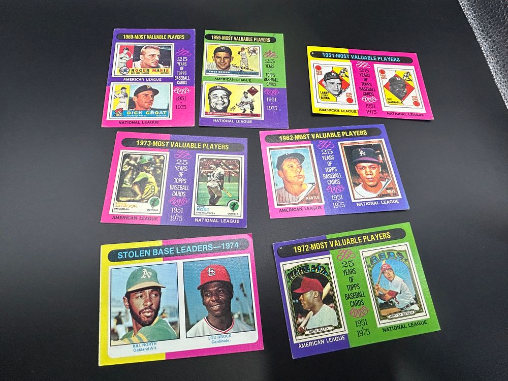 Lot 160: Seven 1975 Topps Baseball Card MVP and League Leader Subset Collection