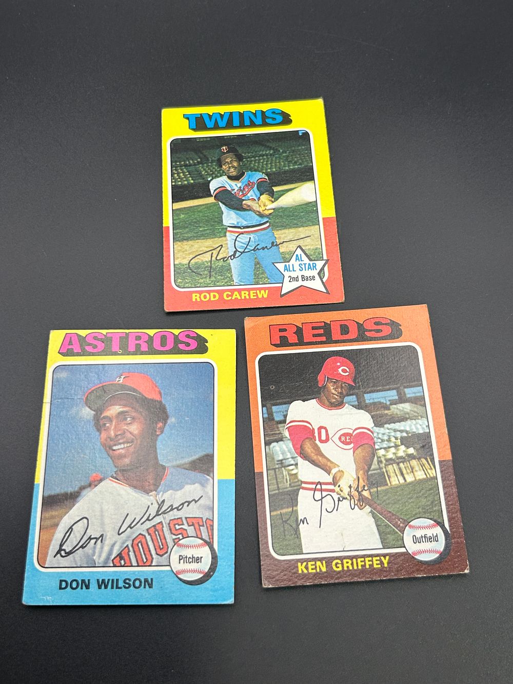 Lot 161: A Trio of 1975 Topps Baseball Cards Including Rod Carew, Ken Griffey, and Don Wilson