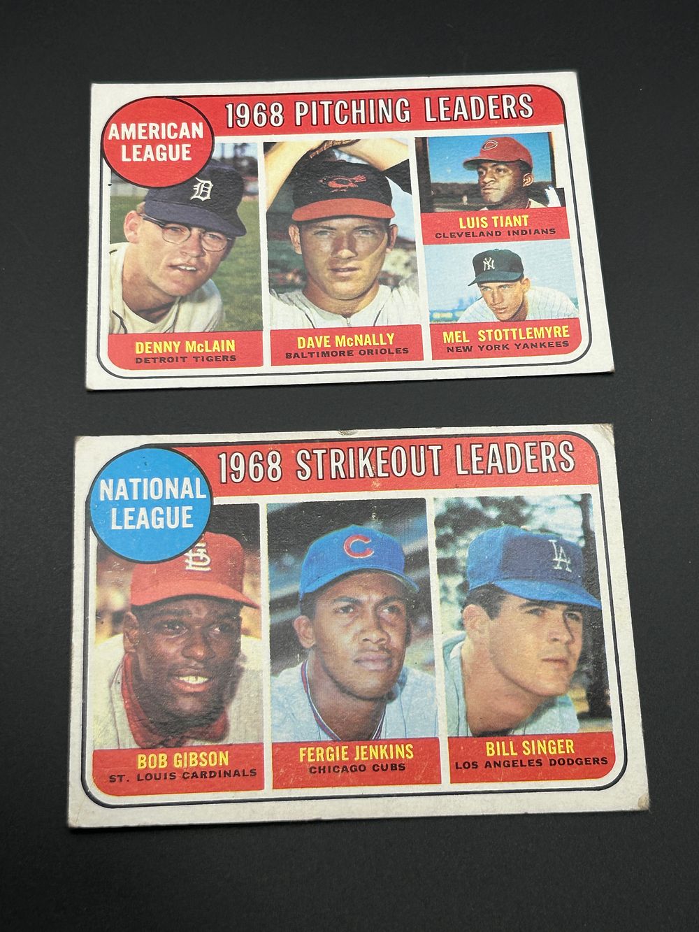 Lot 182: Two 1969 Topps Baseball Cards #9 AL Pitching Leaders and #12 NL Strikeout Leaders