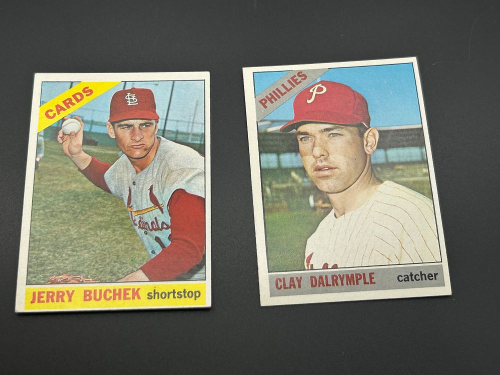 Lot 185: A Pair of 1966 Topps Baseball Cards Jerry Buchek #454 and Clay Dalrymple #202
