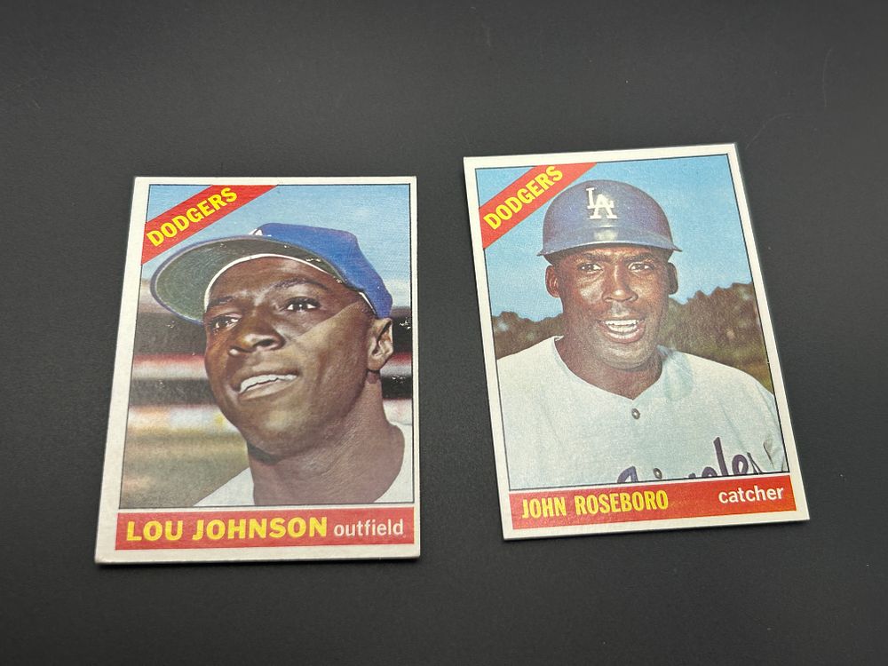 Lot 188: A Pair of 1966 Topps Los Angeles Dodgers Baseball Cards Lou Johnson #13 and John Roseboro #189
