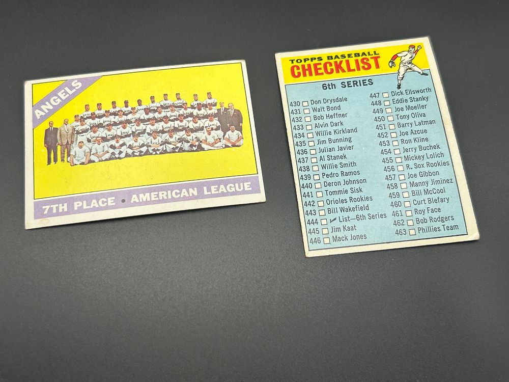 Lot 191: Two 1966 Topps Baseball Cards California Angels Team Card #131 and 6th Series Checklist #444