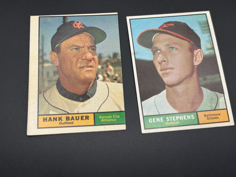 Lot 198: A Pair of 1961 Topps Baseball Cards Hank Bauer #398 and Gene Stephens #102