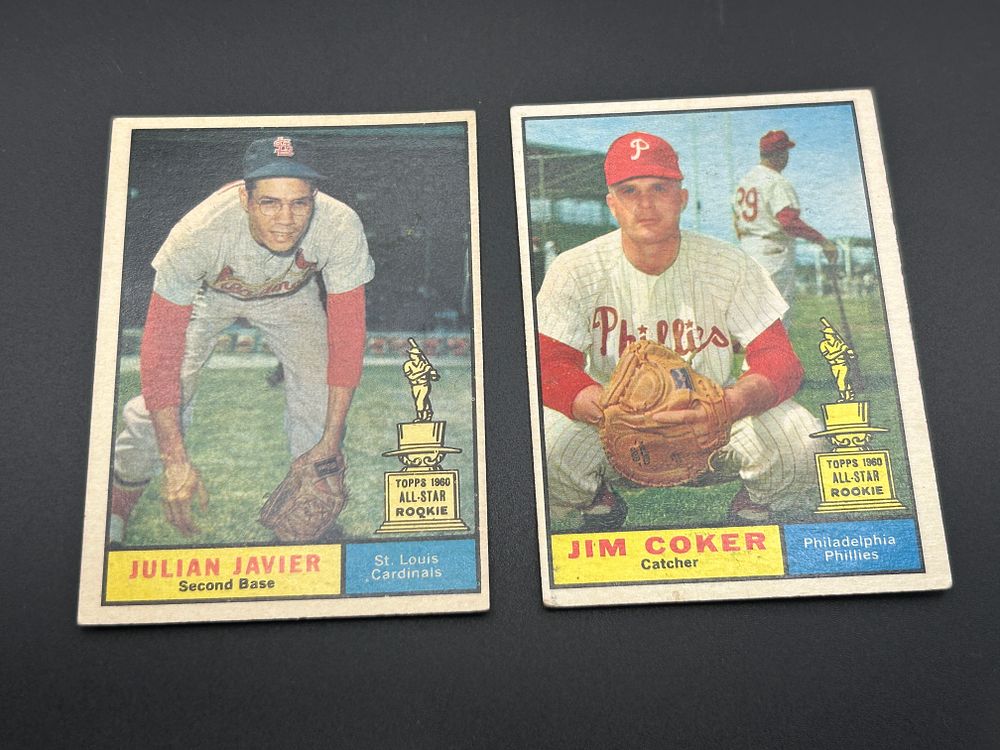 Lot 199: A Pair of 1961 Topps Baseball Cards #144 Jim Coker and #148 Julian Javier with All-Star Rookie Trophies