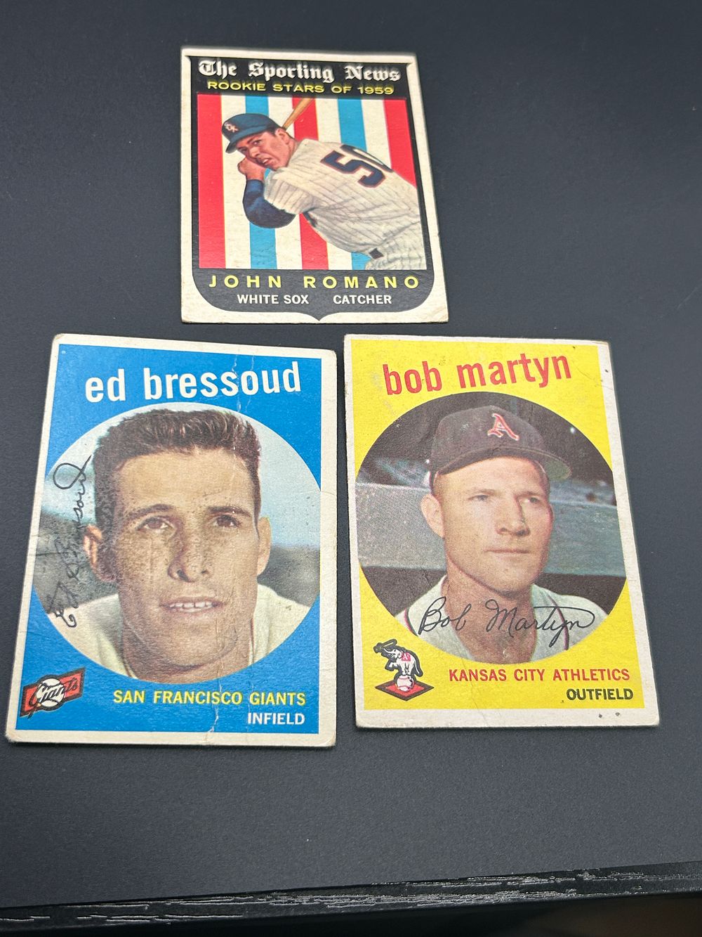 Lot 200: A Trio of 1959 Topps Baseball Cards Featuring John Romano Eddie Bressoud and Bob Martyn